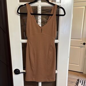 FREE PEOPLE Stretch Knit Ribbed Bodycon Lace-Up Back Mini in Tobacco Size XS